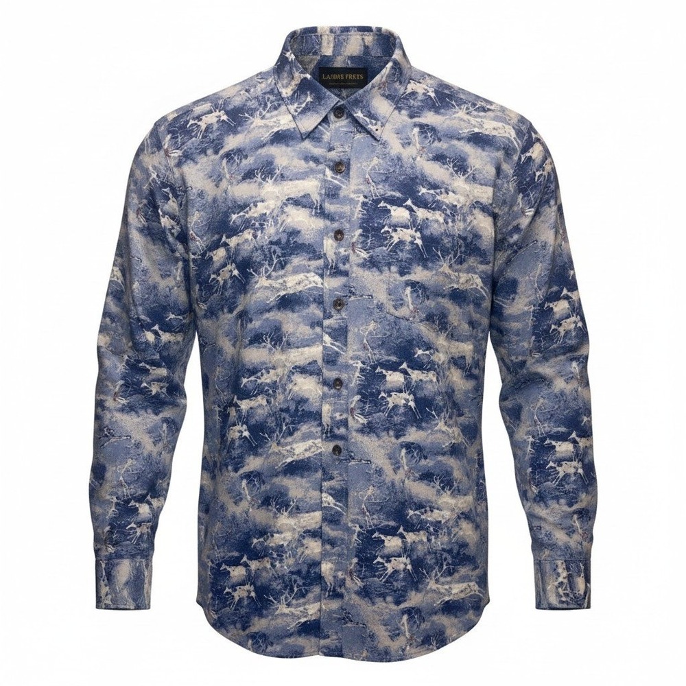 North River Mens Blue Deer Elk Wilderness Print Cotton Button Down Shirt Large